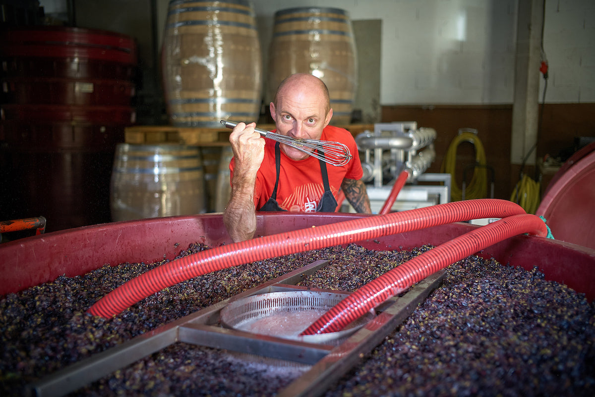 Thierry Constantin dans sa cave avec une cuve de moût de raisin